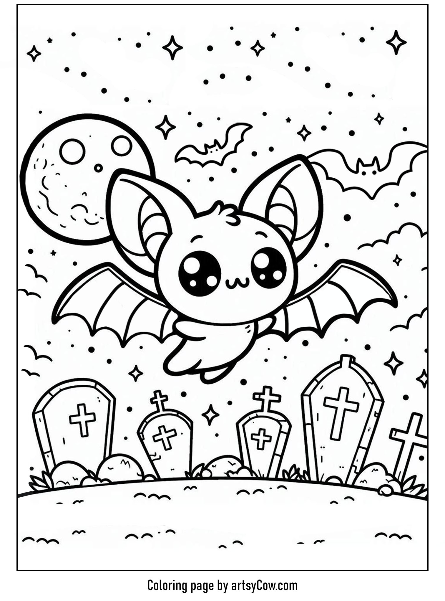halloween coloring pages with bats, Bat's Night Out in the Graveyard